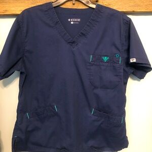 Med Couture Medium Navy Blue Scrub Top with Teal Trim